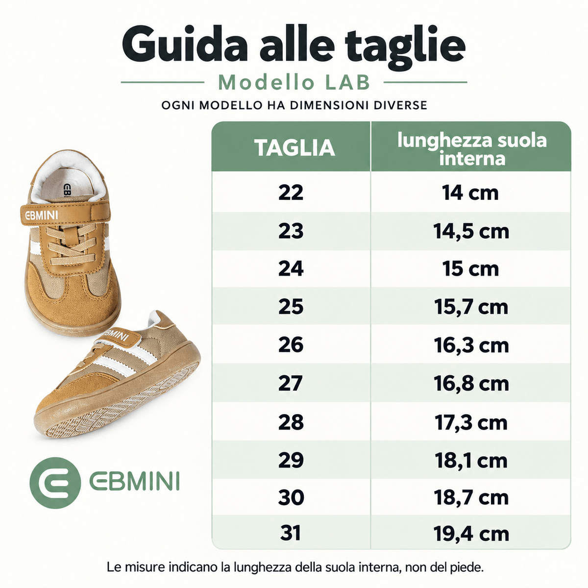 EBMINI® LAB – Sneaker Barefoot per Bambini - Ebmini Italia - Beige - 22 (soletta 14,0 cm)