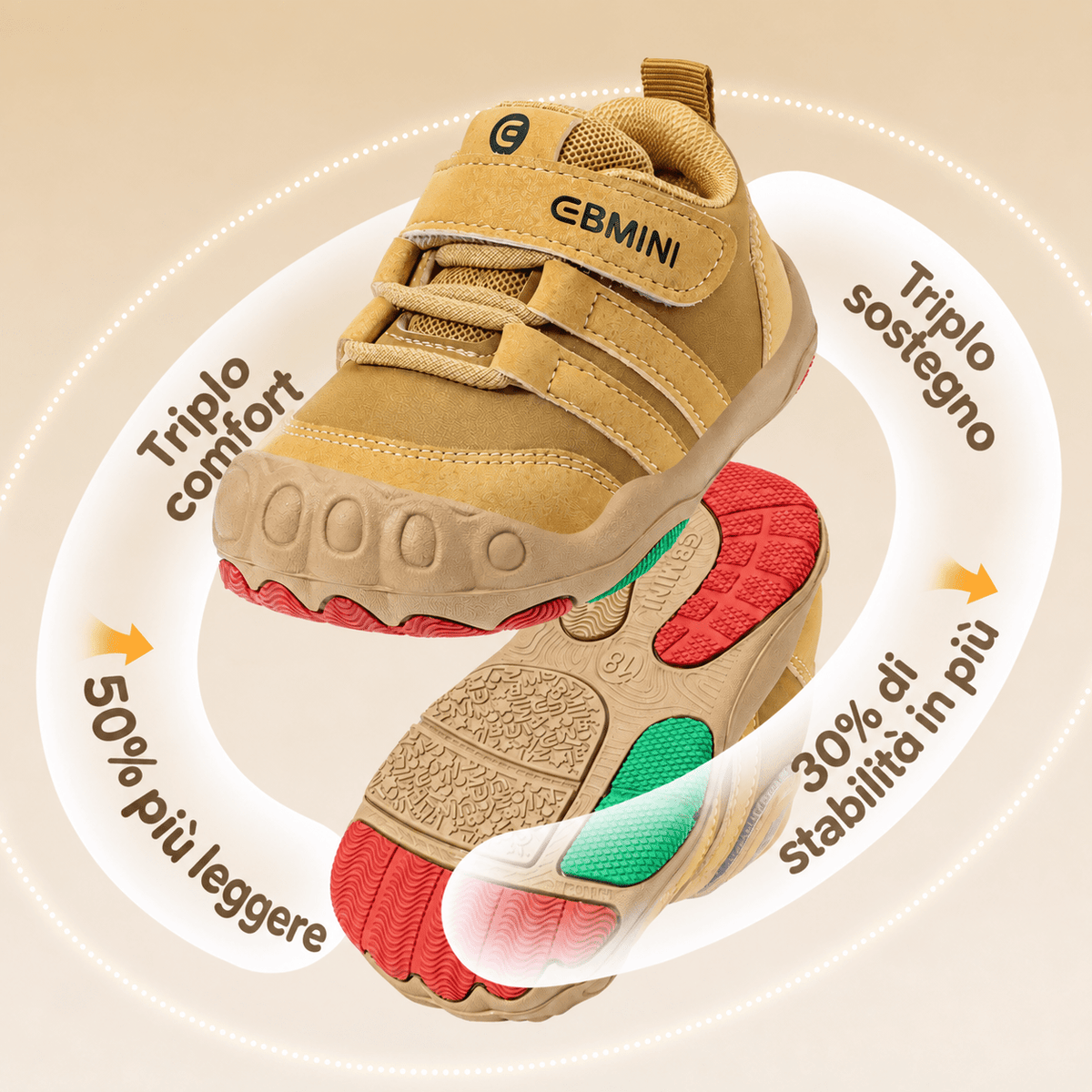 EBMINI® DIT – Sneaker Barefoot per Bambini - Ebmini Italia - Cammello - 18 (soletta 11,8 cm)