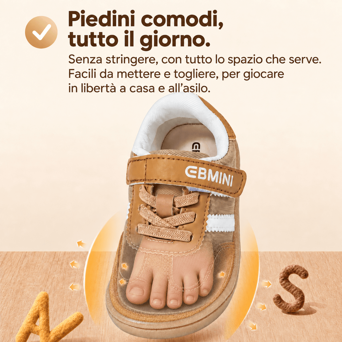EBMINI® LAB – Sneaker Barefoot per Bambini - Ebmini Italia - Beige - 22 (soletta 14,0 cm)