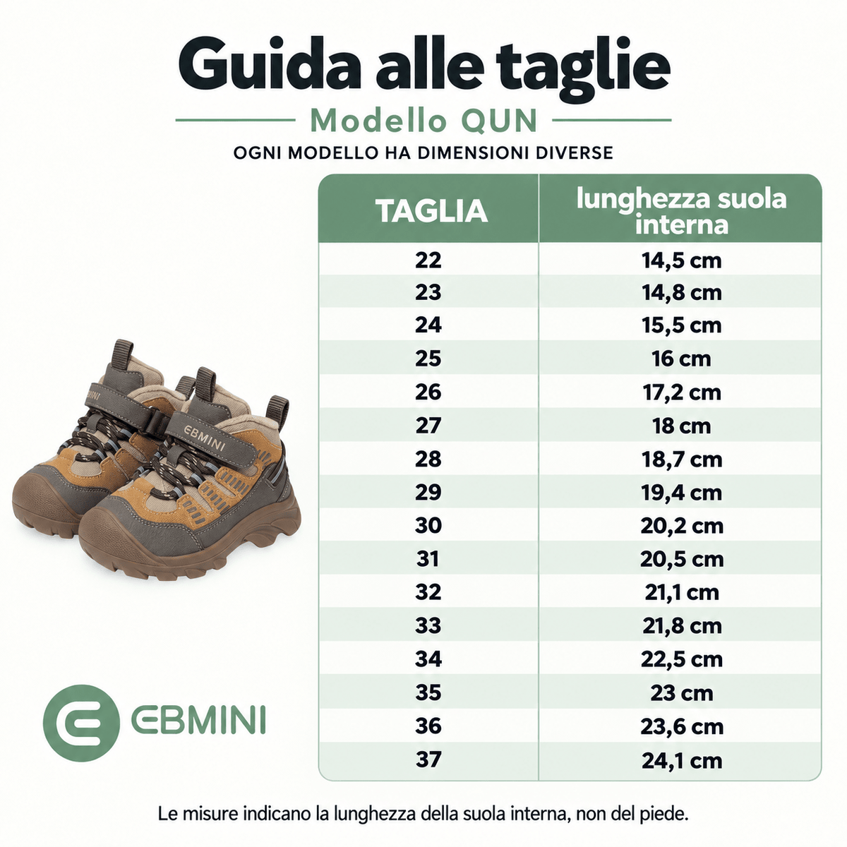 EBMINI® QUN – Stivaletti Barefoot da Trekking Impermeabili per Bambini - Ebmini Italia - Verde - 22 (soletta 14,5 cm)