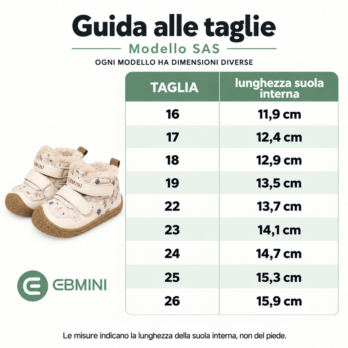 EBMINI® SAS – Scarpe Barefoot Invernali per Bambini con strappo - Ebmini Italia - Beige - 16 (soletta 11,9 cm)